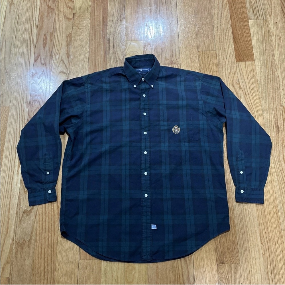 Vintage Polo Ralph Lauren Crest Plaid Shirt Mens Large Blue Green Button Up